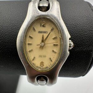 Vintage Seiko SQ50 Watch Women Silver Tone Beige Dial 21MM New Battery 7.5"